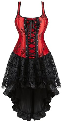 Josamogre Corsage Korsett Kleid Damen n nkleid Straps Reißverschluss Dornenrost Blumen Spitze Vintage Mittelalter Rot XL
