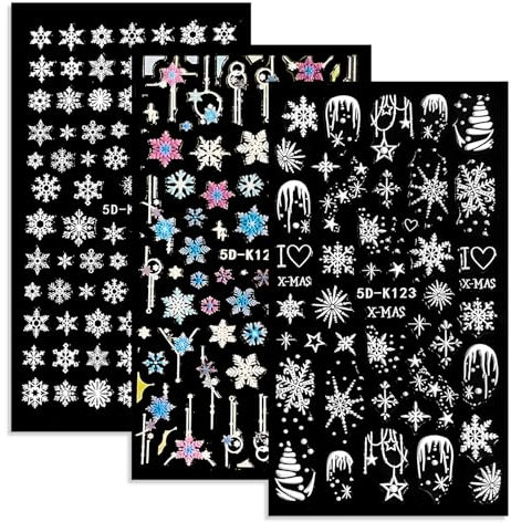 3 Blatt Nagelsticker Weihnachten, 5D Nail Art Sticker, Schneeflocken Stereoskopische Selbstklebende Nagelaufkleber, DIY Maniküre Aufkleber für Weihnachten, Nail Art Sticker Dekoration Nageldesign