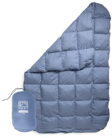 HEST Packbar duntäcke för camping, enkel storlek – varm puffig filt utomhus, dunfilt med 50-L tote, hydrofob ankdun – perfekt för vandring, camping, backpacking och utomhusäventyr