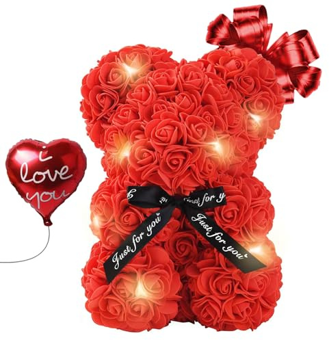 Lichtbär mit Rosen und Herzluftballon | Romantisches Geschenk für Frauen | Teddy Bear | Mit LED und Ewiger Rose | Geschenkset | Ideal für Valentinstag, Muttertag | OriginalCorner®