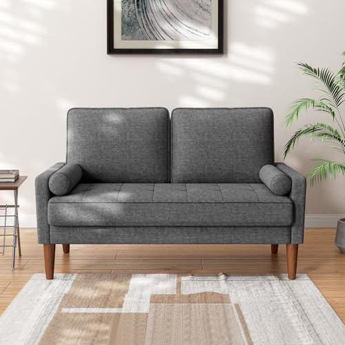 Vesgantti Canapé 2 Places Gris Foncé, Lin 121cm, Coussins à Ressorts, Accoudoirs, Salon Moderne