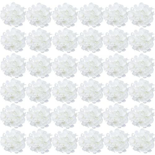 FagusHome Silk Hydrangea Heads 36 Pcs Artificial Flowers Heads and 3 Dozens Stems Fake Hydrangea Flowers with Stems for Home Wedding Decor (Pure White)
