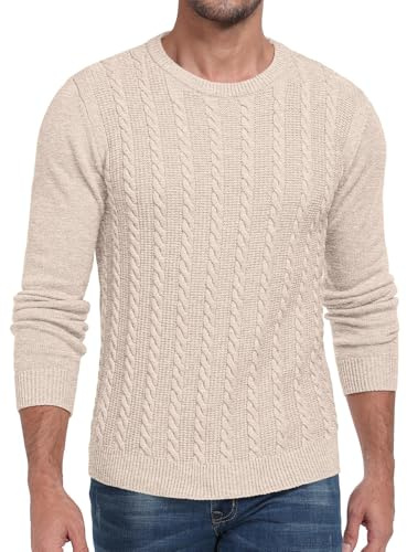 Hisir Herren Strickpullover Kabel Stricken Dicken Rundhalsausschnitt Weben Pullover Winter Warm Langarm Pullover für Herren (Beige, L)