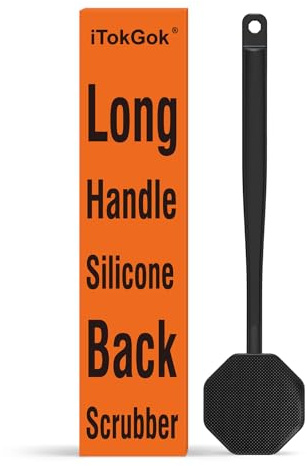iTokGoK® Premium Silver-Infused Silicone Back Scrubber with Long Handle Back Brush for Shower,Back Brush Long Handle for Men and Women,Ergonomic No-Slip Handle, Long-Lasting (Black)