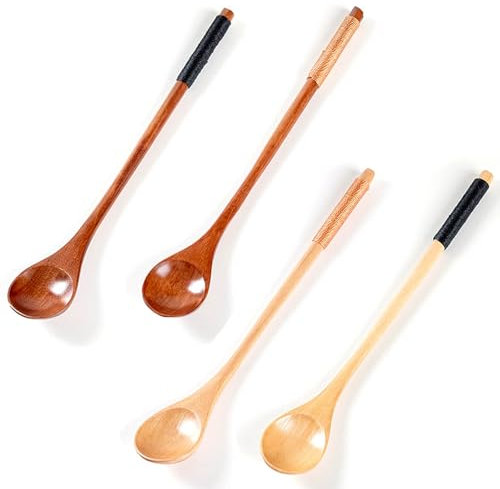 Xiciki Lot de 4 Petites Cuillères en Bois Naturel avec Poignées Antidérapantes, Multifonctionnelle Cuillère à Café en Bois à Long Manche pour Manger de Soupe, Confiture, Dessert