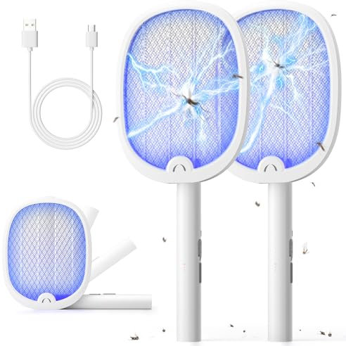 YISSVIC Electric Fly Swatter Foldable Fly Zapper Killer 4000V Mosquito Bug Zapper Racket 1800mAh Rechargeable with USB-C Cable for Indoor Home Outdoor White 2 Pack