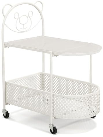 GYMAX Beistelltisch, Couchtisch mit Rollen & Bärenform-Design, Glastisch mit Ablagekorb, Sofatisch für Wohnzimmer & Schlafzimmer (Weiß,Oval)