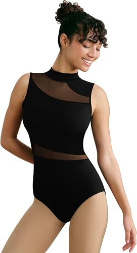 Tegmk Women Mock Neck Ballet Leotards for Dance, Asymmetrical Mesh Splicing, Chest Padding, Big Hollow Back(236125-06-S)