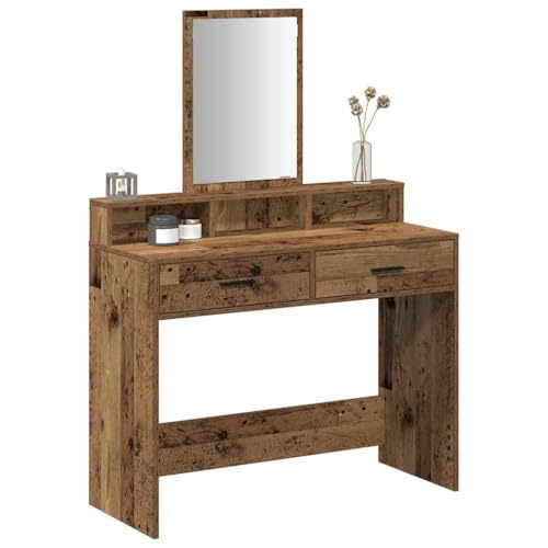 vidaXL Rustikt trä sminkbord med spegel Massivt återvunnet trä Gott om förvaringsutrymme för sminkprodukter Idealisk användning i sovrum 100X41X140Cm Dimensioner Brun finish Snygg möbel Spegel