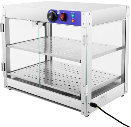 Vitrina para calentador de alimentos, vitrina de mostrador para calentador de alimentos comerciales con iluminación LED, 800 W de potencia, 2 niveles, 50 x 30 cm por estante, ideal para restaurantes y