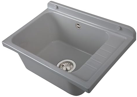 Negrari Lavabo de pared 2051FGAM de polipropileno gris con piletón de metal, resistente a los agentes atmosféricos, incluye kit de fijación y kit de desagüe, para exterior 58 x 38 x 21 cm