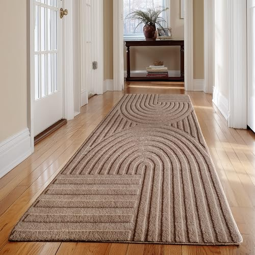 Carpetsale24 Boho Teppich Läufer 80 x 250 cm Beige, Weicher Skandinavischer Flurteppich mit 3D-Effekt, Waschbar & Pflegeleicht, Ideal für Küche, Eingangsbereich oder Bettseite