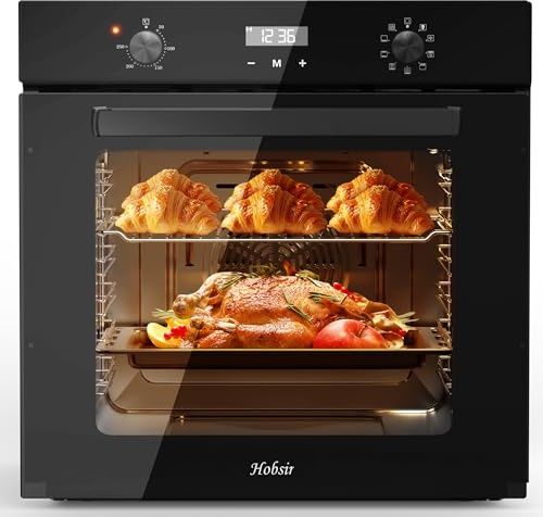 60 cm Einbaubackofen mit 60L Fassungsvermögen, 2800 W Heizleistung Backofen | Hobsir ofen mit stecker, 9 Betriebsarten, Umluftfunktion, Drehknopfsteuerung und Timer bis 120 Min – Ideal für Großfamilien