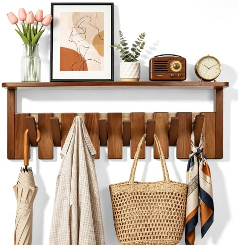 ohbien Wandgarderobe Holz mit Ablage 8 Haken Kleiderhaken Klavier Garderobe | 52cm Klappbar Garderobenständer Klaviertasten Kreativer Für Hinter Türen, Eingänge, Badezimmer, Wohnzimmer