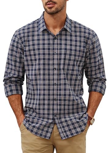 PJ PAUL JONES Chemise à carreaux classique boutonnée à manches longues pour homme, Bleu foncé/kaki, L