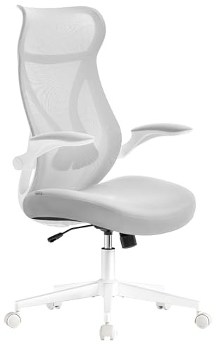 SONGMICS Silla de Oficina Ergonómica, Altura Ajustable, Respaldo Ergonómico, Giratoria con Reposacabezas, Reposabrazos Abatibles, Carga de 150 kg, Gris Paloma OBN088GD01