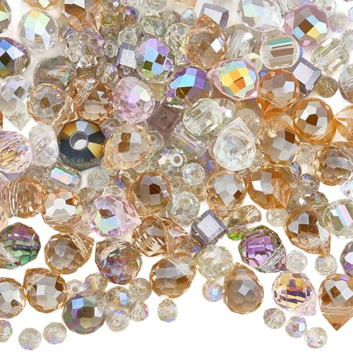 PONABEADIY Faceted Crystal Glass Transparent Beads for Bracelet Making | 1 Box with Hole Electroplate Assorted Colourful Sparkling Iridescent Clear Bead Bulk for Jewellery Necklace Diy Craft