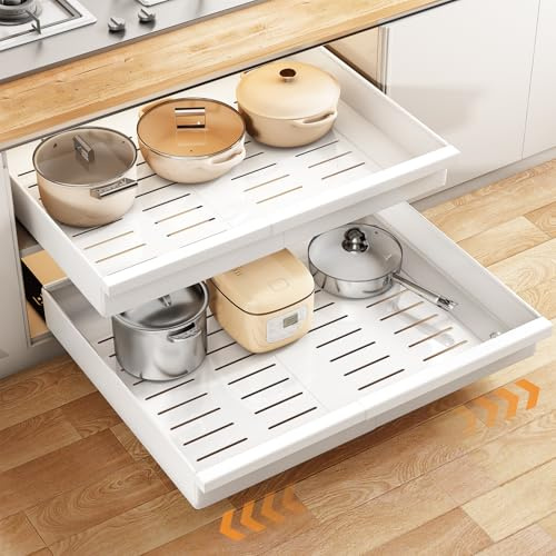 Pull out Cabinet Organizer, 2-Pack Expandable(13.6-24) Silde out Drawers with Raising Pad for Framed Cabinets, Adjustable Full-Extension Adhesive Roll out Shelves for Kitchen Pantry Home Pot and Pan