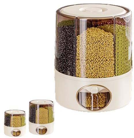 Transparent Rice Container with Drawers, 6 Grid 360° Rotating Kitchen Rice Bucket, One Click Output Rice Dispenser, Rotating Dry Food Dispenser for Storing Rice, Beans and Red Bean