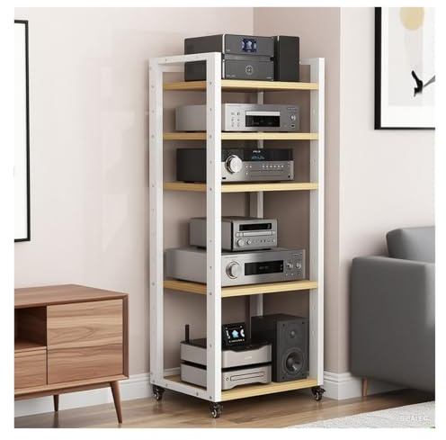 Audio Rack HiFi Regal 5-stufiger HiFi Rack Mit Rädern, Verstellbares Medienregal, Stabile HiFi-Einheit for Heimkinos, Plattenspieler Regal Mit Bremsbaren Rädern(White)
