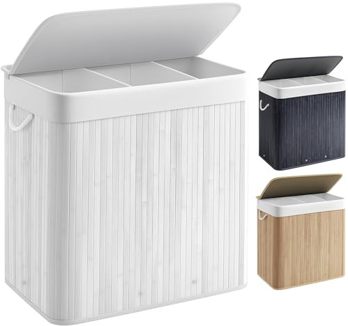 Rebonique Laundry Basket with Lid, 150L Large Bamboo Laundry Hamper, 3 Compartments Washing Basket with Removable Liner Bag, Clothes Hampers Laundry Bin for Bedroom, Bathroom, Laundry Room (White)