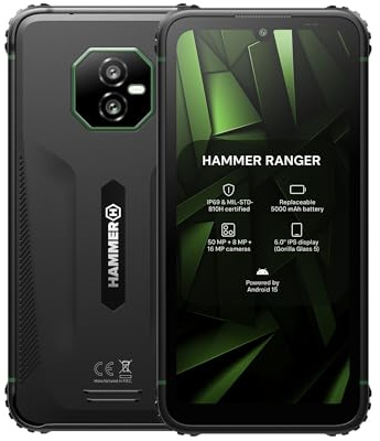 HAMMER Ranger 14GB/128GB Rugged Smartphone, 5000mAh Battery, 50MP Camera, 6 Display, Android 15, Gorilla Glass 5, IP69 Waterproof, Dual SIM, eSIM, NFC