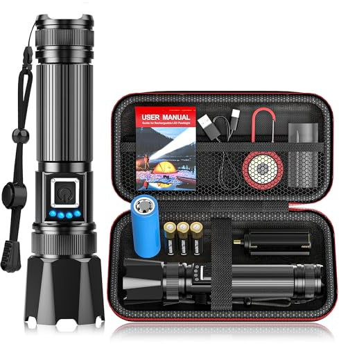 Taschenlampe LED Aufladbar 1000000 Lumens, XHP70.2 Extrem Hell Hohe Helligkeit Zoombar Taschenlampen Starke mit 5 Lichtmodi, IP67 Wasserdichte Flashlight Torch für Camping, Wandern, Outdoor, Notfäll