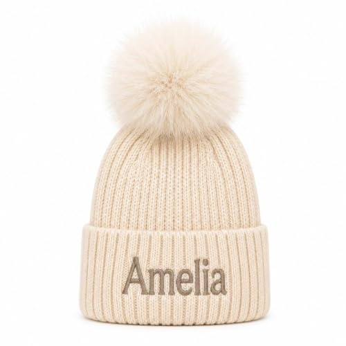 Lobeko Personalised Baby Hat with Pom Pom, Knitted Newborn Name Gift | 0–12 months, custom embroidered name, ribbed knit winter beanie, soft and stretchy for baby boys and girls, cosy fit