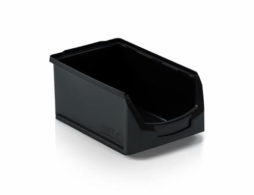 1a-TopStore Regal- u. Sichtlagerbox ToBi, Stapelbare Werkzeug- u. Kleinteile-Aufbewahrungsbox für Industrie, Gewerbe & Werkstatt mit integriertem Etikettenfach (Schwarz, L (350x210x150 mm))