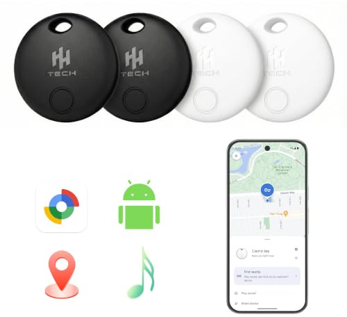 HH-Tech Android Tracker Tag (Pack-4 Black+White Android only) Works with Google Find My, Find Hub, Smart Tag Tracker, Item Finder, Easily Track Your Keys, Wallet, Bag, Suitcase, and More