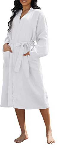 Amazhiyu Accappatoio da donna 100% lino Bathrobe Donne Sauna Lungo Cappotto da sauna Donne Accappatoio Leggero Kimono Vestaglia Con Tasche, bianco, L