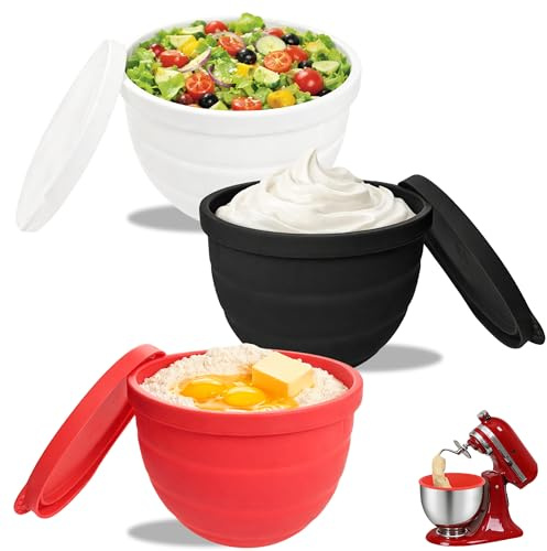 3 Fodere in Silicone con Coperchi, Compatibile con KitchenAid Ciotola/Contenitore per Mescolare da 4,8 L (5 Qt), Antiaderente e Lavabile in Lavastoviglie, Ideale per Pasta, Creme e Conservazione