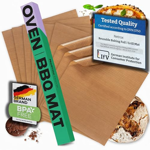 Netrox - Carta Forno e Grill Riutilizzabile (Set da 8) - Sicuro per Alimenti, Resistente al Calore Fino a 260°C, Lavabile in lavastoviglie - Tappetino, Tappentini, Fogli 36x42 cm