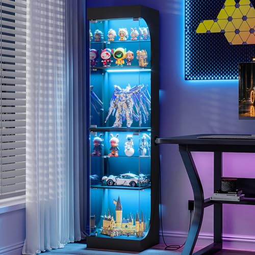 Hzuaneri Vitrina Expositora, Vitrina Cristal con LED Regulables, Sensor de Movimiento, 6 Estantes, 35 x 40 x 165 cm, para el Estudio, Salón, Oficina, Negro DC00106XEU