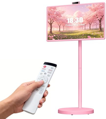 VLH 32 Zoll Portable TV, Mobiler Tragbarer Fernseher auf Rollen, Android 15, EDLA-Zertifiziert, 8G+128GB, Fahrbarer Akku TV auf Rollen mit Sprachfernbedienung, 10W Stereolautsprecher, 38.400mAh