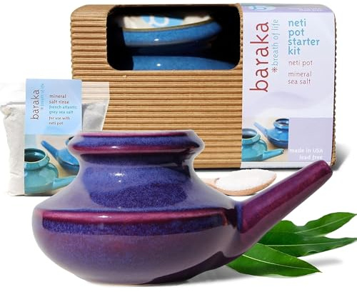 Handcrafted Ceramic Neti Pot Starter Kit w/ 2 oz Mineral Sea Salt – Durable Stoneware for Nasal Rinse – Relaxing Home Wellness Tool – Ideal Gift for Women – Helps with Snoring & Sinus Care(Purple)