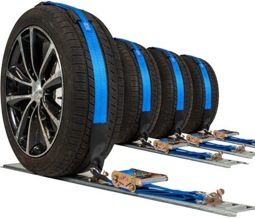 US Cargo Control E Track Wheel Straps with E-Track Fittings & Three Rubber Blocks (4-Pack), 2 Inch x 11 Foot Car Tie Down Straps for Trailers, Fits Tires 14-30 Inches, 12,000 LBS Break Strength
