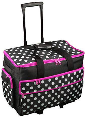 Sewing Online Borsa trolley grande per macchina da cucire su ruote, nera con pois bianchi e rifiniture rosa | 53 x 41 x 29 cm | Custodia per macchina da cucire e la maggior parte delle altre macchine