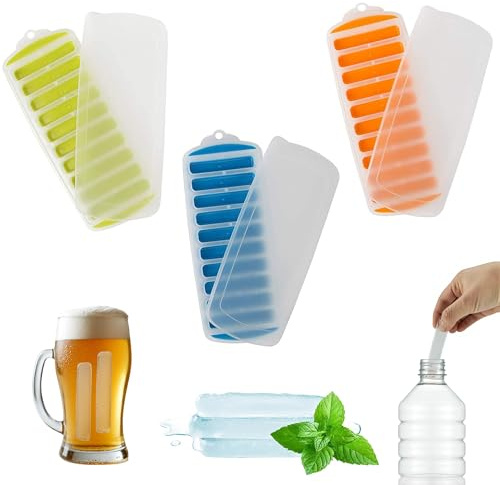 Water Bottle Silicone Ice Cube Tray by Lily's Home - 3-Piece Quick-Freeze Ice Trays with 10 Ice Cube Slots – Silicone Ice Cube Tray Set Makes 30 Ice Cubes, With Lids