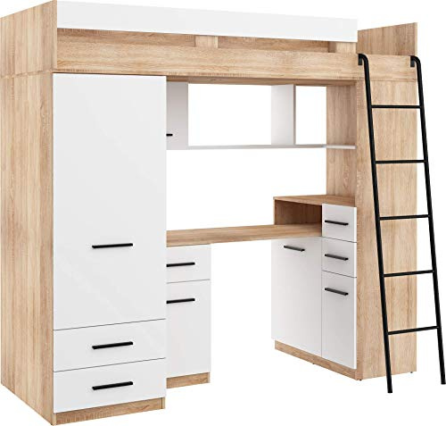 FurnitureByJDM Hochbett mit Schreibtisch, Kleiderschrank und Stauraum – Jugendbett für Kinderzimmer (110x204 cm) – Kinderbett mit 90x200 cm Matratzengröße – Rechte Leiter – SMYK (Eiche Sonoma/Weiß)