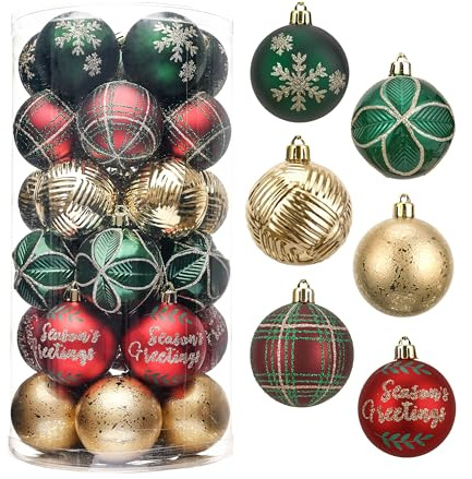Valery Madelyn Weihnachtskugeln 30 Stücke 6CM Kunststoff Christbaumkugeln Set Weihnachtsdeko mit Aufhänger Weihnachtsbaumschmuck für Dekoration Landstraße Thema Rot Grün Gold