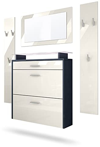 Vladon Garderobe Malea, Garderobenset bestehend aus 1 Hängeschuhschrank, 1 Wandspiegel und 2 Garderobenpaneele, Anthrazit matt/Creme Hochglanz, inkl. LED-Beleuchtung weiß
