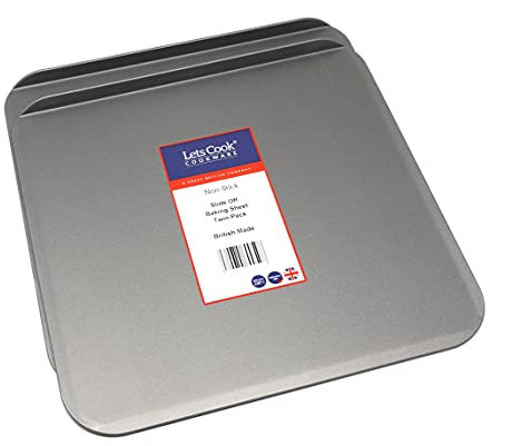 Lets Cook Cookware - Slide Off Baking Cookie Sheets, Twin Pack (Set of 2), Teflon Non Stick, British Made