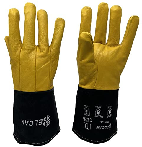 ELCAN Guanti da saldatura professionali ergonomici in pelle gialla e nera ignifughi resistenti al calore, per saldatura ad elettrodo, TIG, MIG, MAG, barbecue, caminetti, legna da ardere, forni...