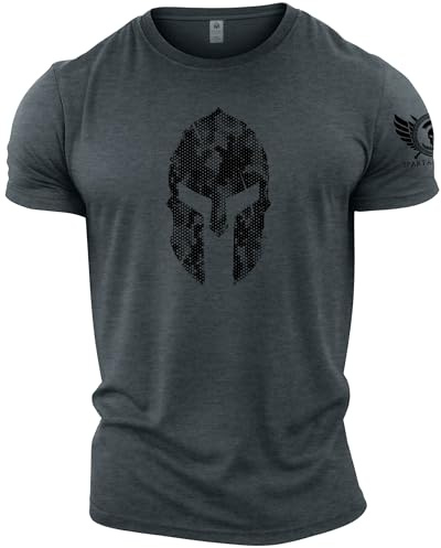 GYMTIER Spartan Forged - Spartan Helmet Hex Camo - Men's Gym T-Shirt Bodybuilding Training Workout Lifting Top Clothing, Grey, XXL