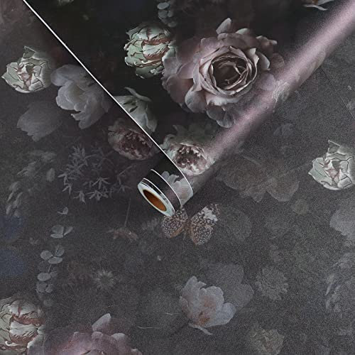 VEELIKE Papier Peint Rose Noir Vintage Papier Adhésif pour Meuble Floral Papier Peint Fleuri Aquarelle Mural Chambre Stickers Cuisine Rouleau Papier Vinyl Autocollant Armoire Chambre 45cm×300cm