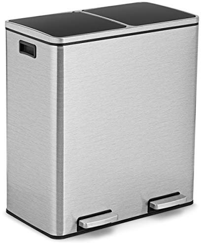 COSTWAY 60L Double Rubbish Bin, 2 x 30L Stainless Steel Recycle Pedal Kitchen Bin with Dual Removable Buckets, Soft Closure Flat Lid & 2 Handles, Airtight Waste Separation System (Silver)