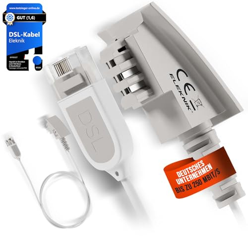 Eleknik - DSL Kabel | 2m, Weiß – High-Speed VDSL 250 MBit/s, TAE-F zu RJ45, Robustes Internetkabel, Mit Galvanischer Signatur, Für Router an Telefondose, Speedport & Fritzbox