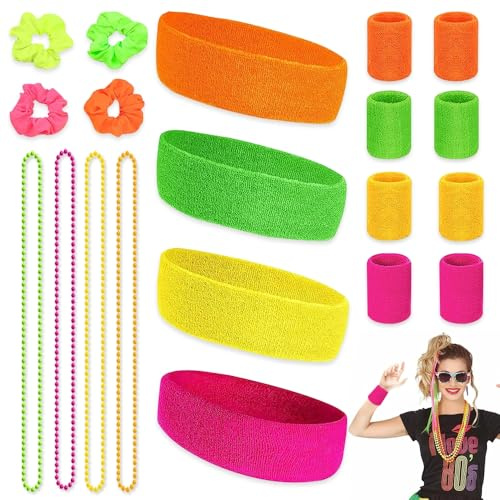 Udbrud Neon Schweißband Set, 20 Stück SchweißBand Set Absorbierendes Frottee Schweißband für Retro 80er 90er Party Karneval Laufen Joggen Tennis