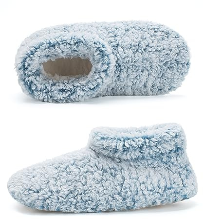 Cozylook Fuzzy Slippers for Women Indoor, Warm Bedroom Slip On Shoes, Winter Fluffy House Socks with Grippers, Cozy Christmas Gifts Unique, Adult Size 11-12 Teal